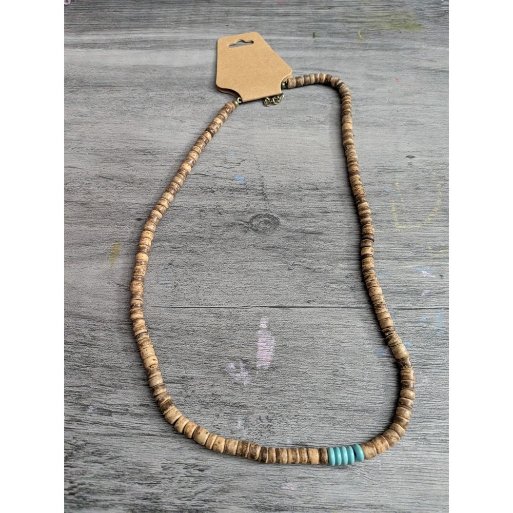 Natural Wood Heishi Bead Necklace with Turquoise Accents Boho Beachy Brown